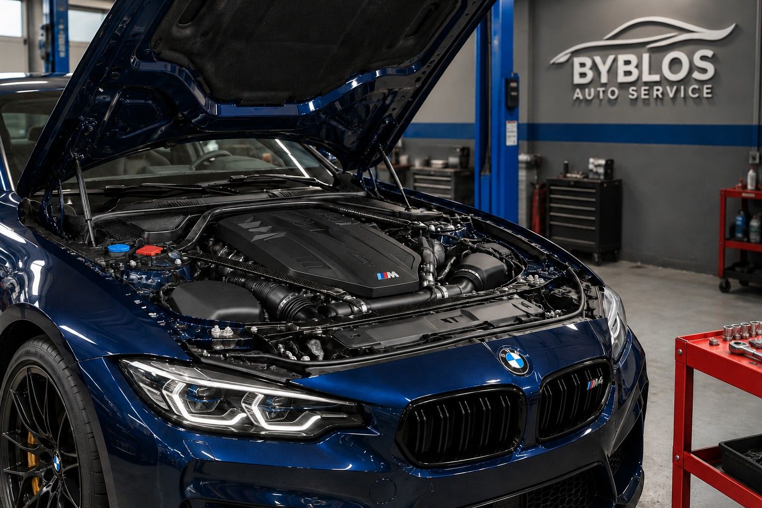 A dark blue BMW M5 with its bonnet open in the BYBLOS workshop, engine cover visible